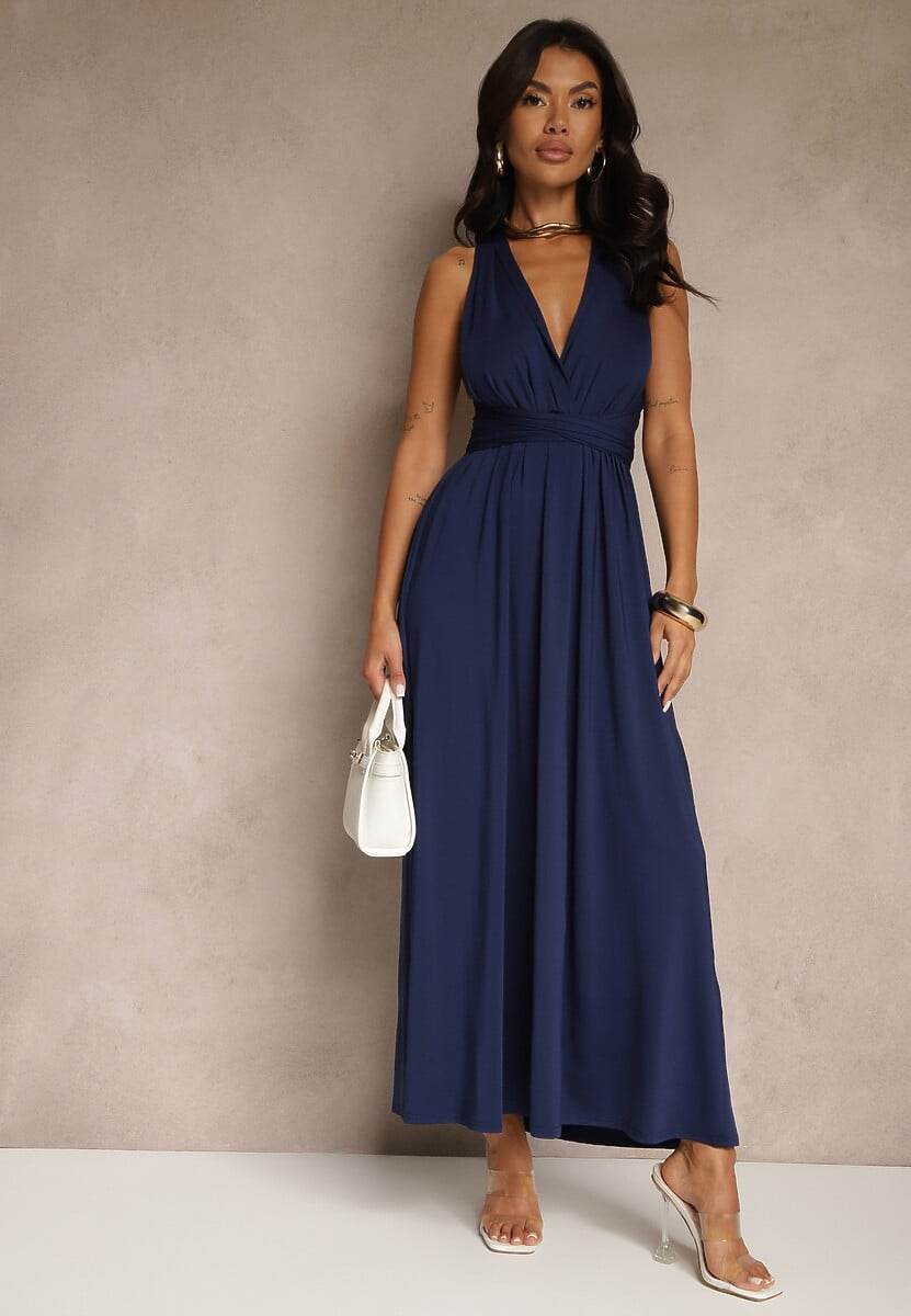 Granatowa Sukienka Koktajlowa Multiway z Wiskozą Wiązana na Szyi Lilovea