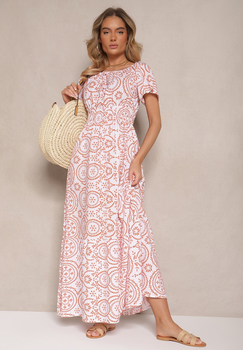 Zielono-Biała Sukienka o Rozkloszowanym Kroju z Bawełną w Abstrakcyjny Wzór Ldivena