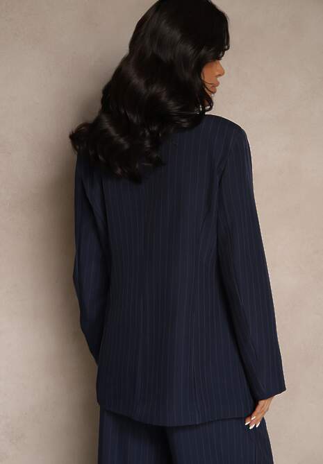 Granatowa Dwurzędowa Marynarka z Wiskozą i Usztywnianą Linią Ramion Ellirisa