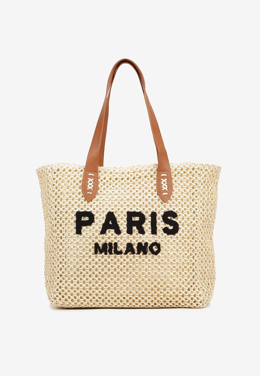 Beżowa Pleciona Torebka Shopper Ozdobiona Napisem Navinta