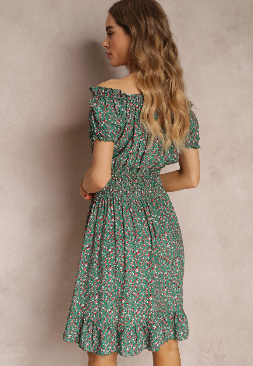 Zielona Bawełniana Sukienka z Gumką w Talii o Fasonie Hiszpanki Jazmi