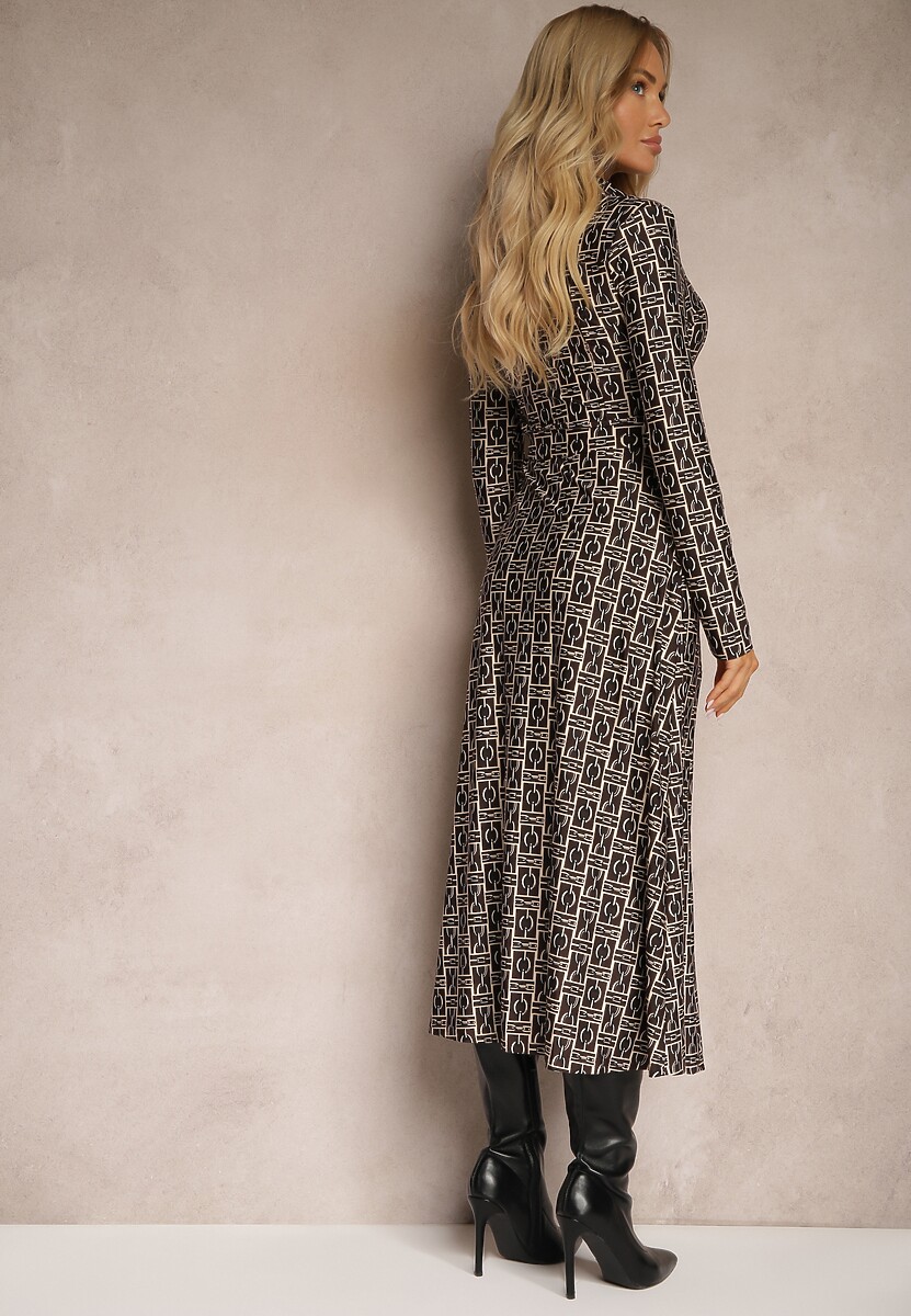 Brązowa Sukienka o Koszulowym Fasonie z Wiązanym Paskiem i Abstrakcyjnym Wzorem Sairina