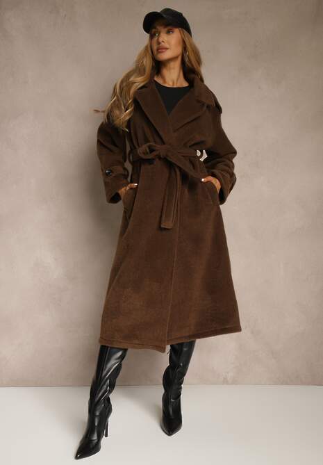Brązowy Płaszcz w Eleganckim Stylu z Kieszeniami i Wiązanym Paskiem Zoledi