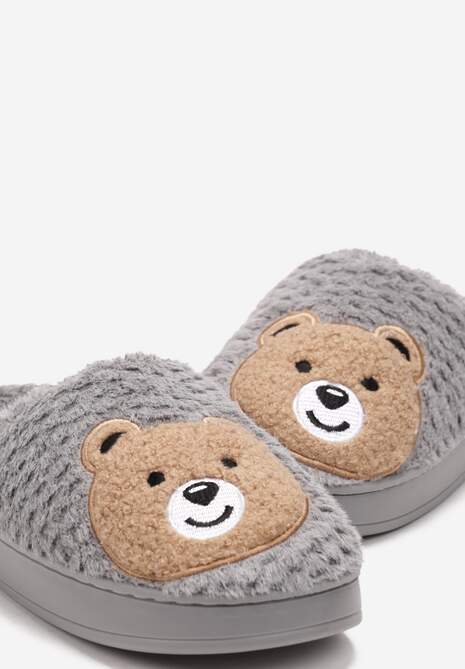 Szare Ocieplone Kapcie z Naszywką w Kształcie Uroczego Misia Garana