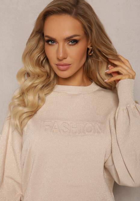 Beżowy Klasyczny Sweter z Metaliczną Nitką i Napisem Actylia