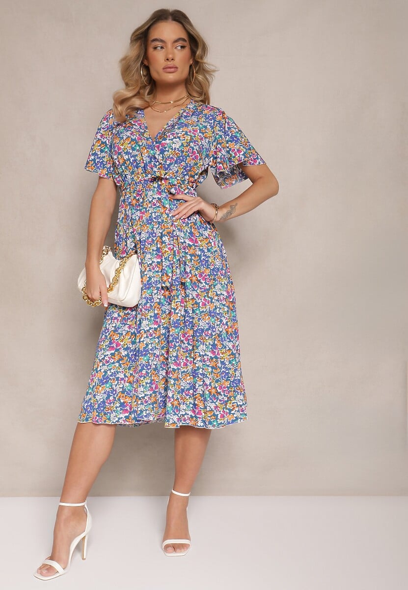 Niebieska Sukienka z Plisami w Kwiecisty Print o Rozkloszowanym Kroju Lanelin