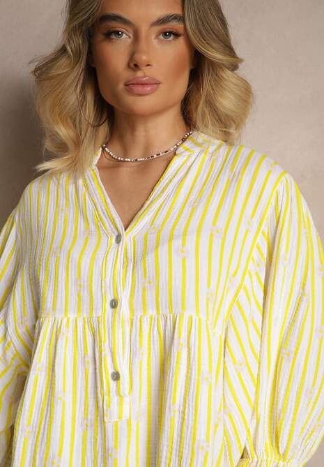 Żółta Koszula z Bawełny z Dekoltem w Serek Zdobiona Kwiatowym Wzorem Mailisse