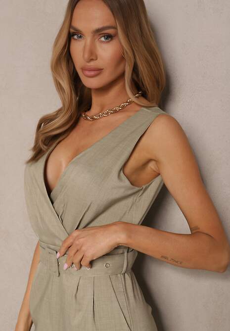 Jasnozielony Kombinezon z Długimi Spodniami Kopertowy z Paskiem w Talii Ronasia