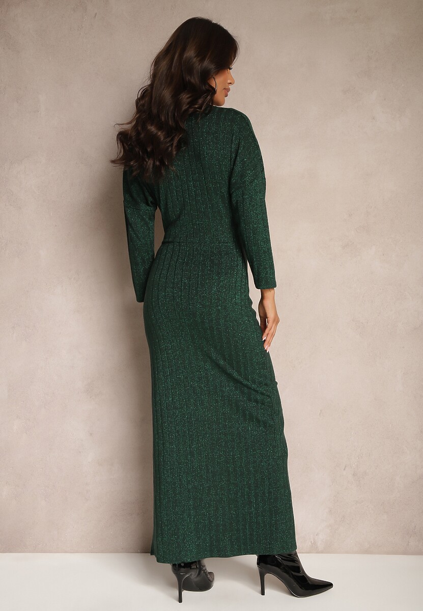 Ciemnozielona Sukienka z Wiskozą Metaliczną Nicią i Asymetrycznym Węzłem Elloritia