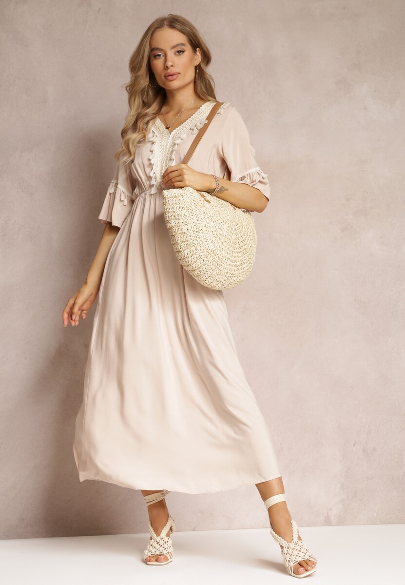 Beżowa Sukienka Maxi z Gumką w Talii z Ozdobnymi Chwostami z Wiskozy Zisel