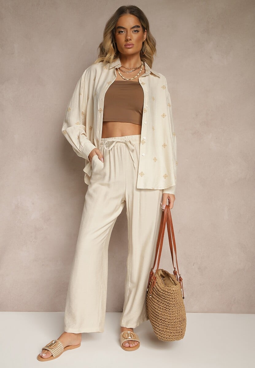 Beżowy Wiskozowy Komplet Oversize Zdobiony Haftem Koszula i Spodnie Sadrianae