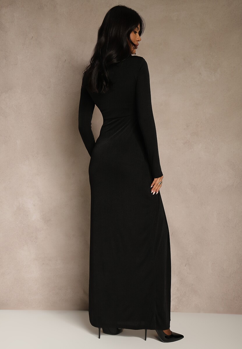 Czarna Marszczona Sukienka Koktajlowa Zdobiona Aplikacją w Talii Siweda