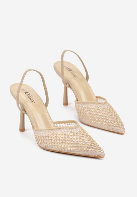 Ciemnobeżowe Sandały na Szpilce z Siateczkowym Noskiem z Aplikacją z Perełek Aurifera