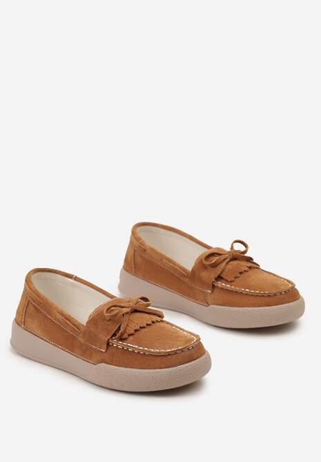 Brązowe Klasyczne Mokasyny ze Skóry Naturalnej z Kokardką Pristis
