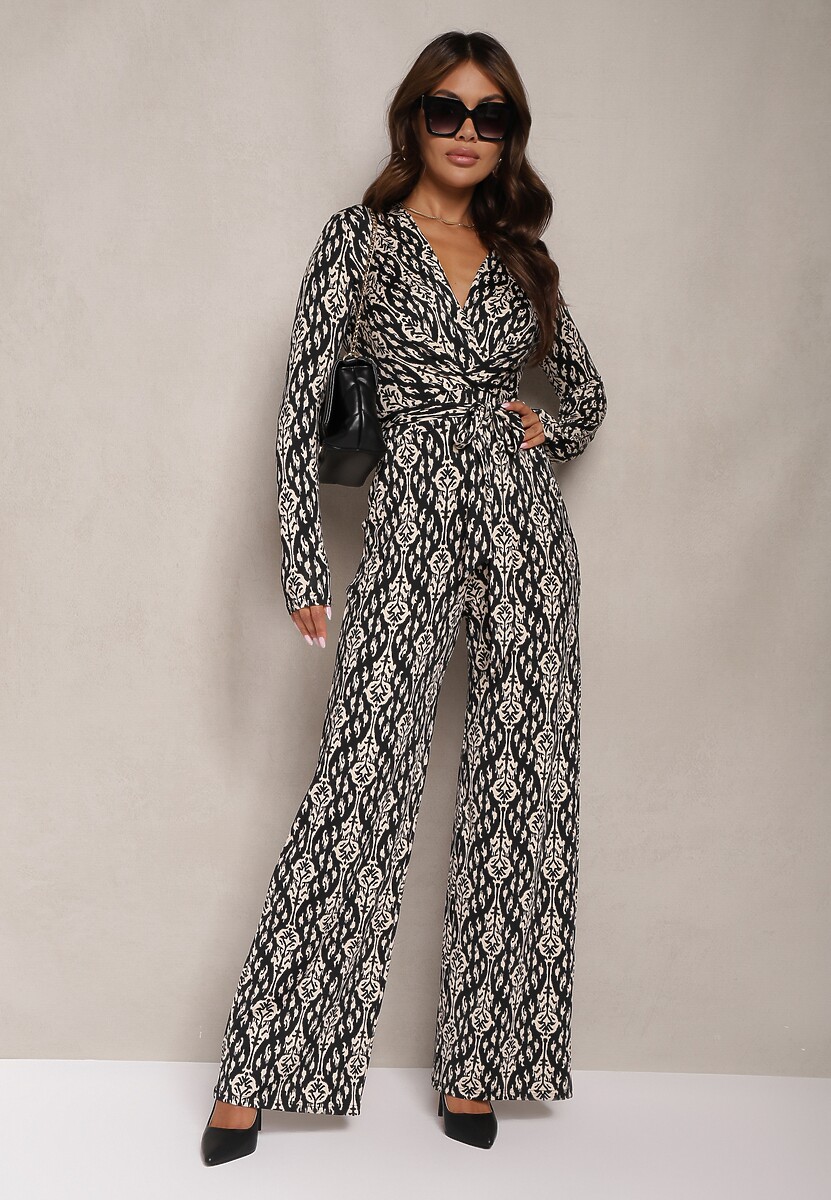 Czarno-Beżowy Kopertowy Kombinezon z Paskiem w Talii i Ozdobnym Wzorem Mirannda