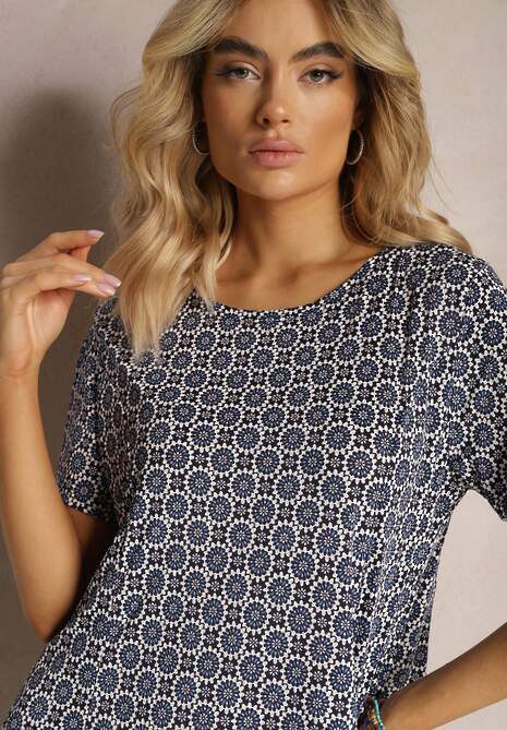 Niebieska Rozkloszowana Sukienka w Ornamentalny Wzór z Wiskozy Oflia