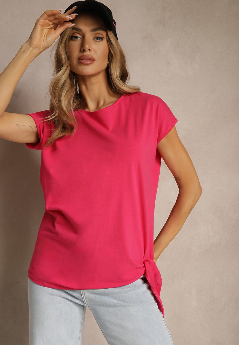Różowy T-shirt z Bawełny z Ozdobnym Wiązaniem Termio