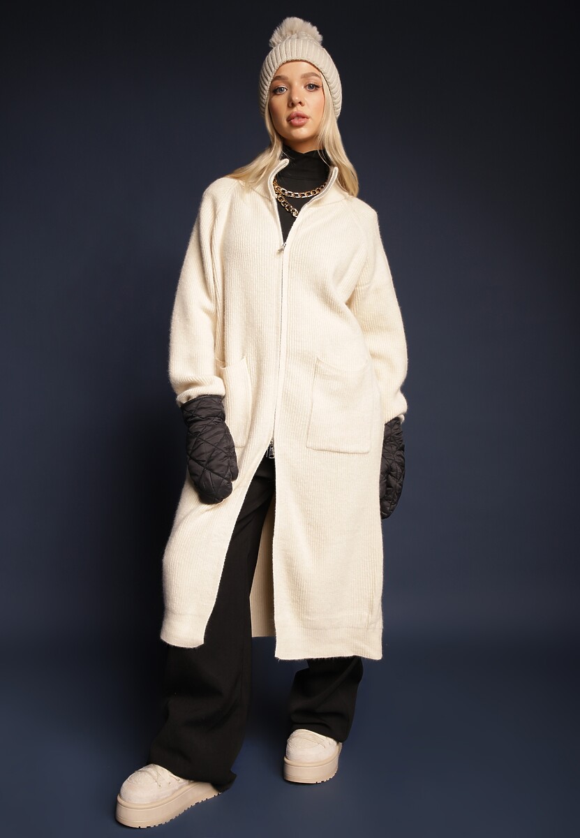 Jasnobeżowy Długi Kardigan o Prostym Kroju ze Stójką z Domieszką Wełny i Zapięciem na Suwak Bonitana