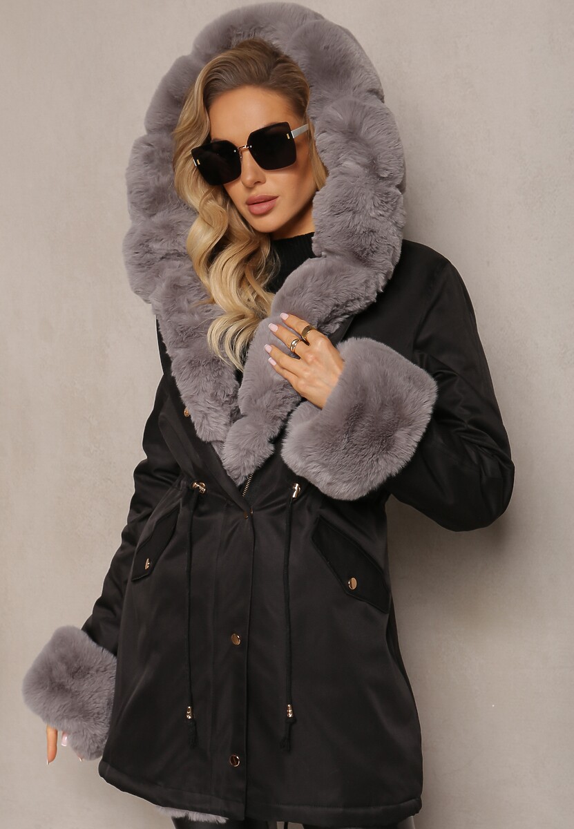 Czarno-Szara Kurtka Parka z Paskiem w Talii i Kapturem z Futerkiem Hizontia