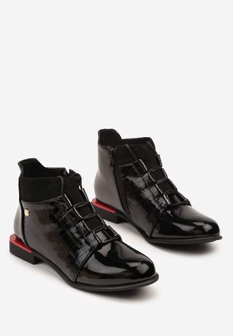 Czarne Botki Lakierowane Vices ze Sznurowaną Cholewką i Tłoczeniem Uzvila