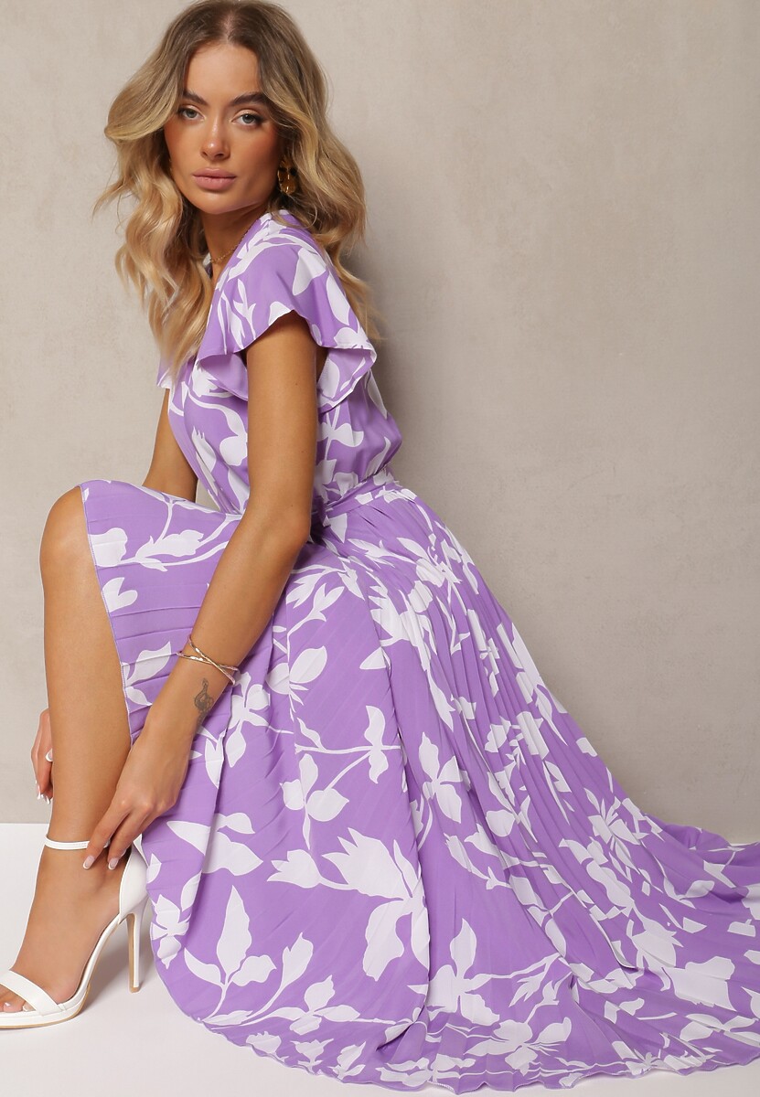 Fioletowa Sukienka z Kopertowym Dekoltem Plisowanym Dołem Wykończona w Talii Paskiem i Gumką Elsavia