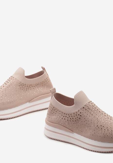 Różowe Wsuwane Buty Sportowe Ozdobione Cyrkoniami na Płaskiej Podeszwie Ustetellia