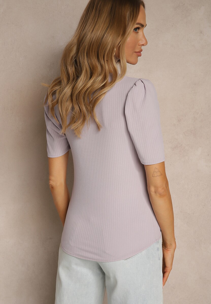 Jasnofioletowy T-shirt z Prążkowanej Tkaniny z Zakładkami przy Rękawach Kolaniella