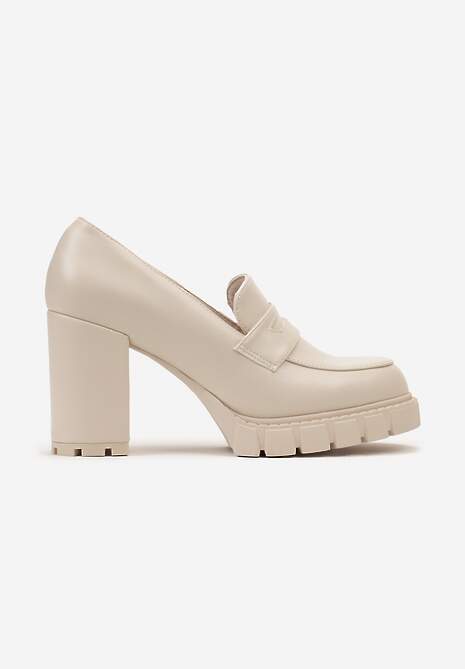 Beżowe Półbuty z Imitacji Skóry na Słupku z Platformą z Okrągłym Noskiem i Przeszyciami Dravinnia