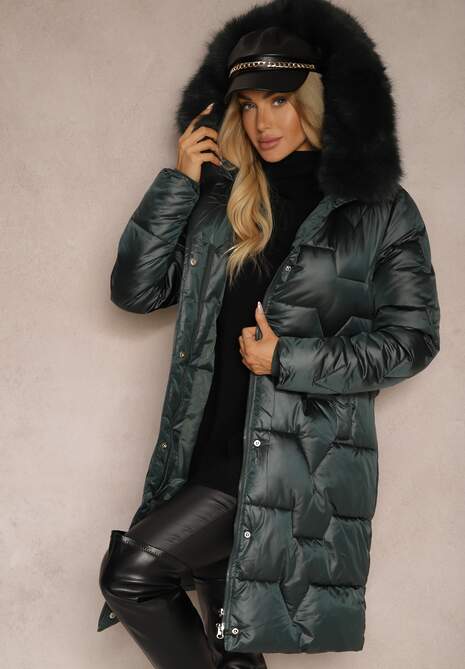 Ciemnozielona Długa Kurtka Pikowana z Odpinanym Kołnierzem i Paskiem Rinarella