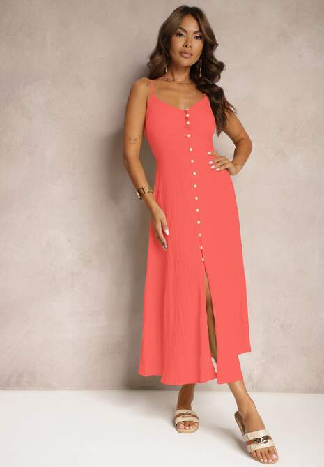 Czerwona Taliowana Sukienka na Guziki na Ramiączkach z Regulacją Quafea