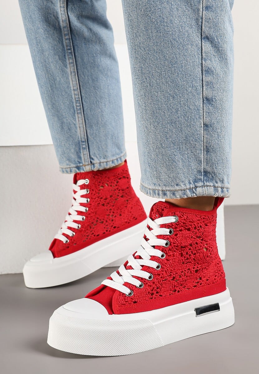Czerwone Trampki na Platformie z Wysoką Ażurową Cholewką Velgisia