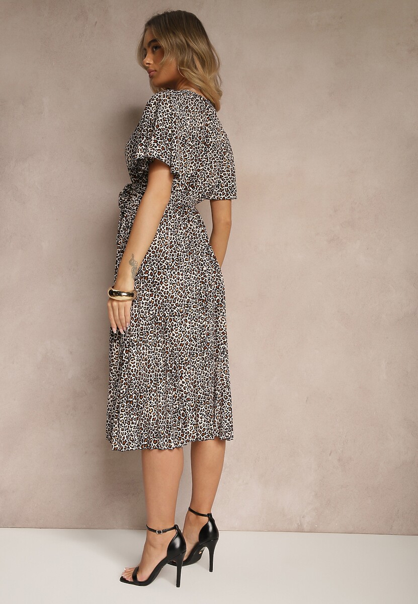 Czarno-Biała Sukienka Kopertowa z Wiązanym Paskiem Zdobiona Printem w Panterkę Gilinne