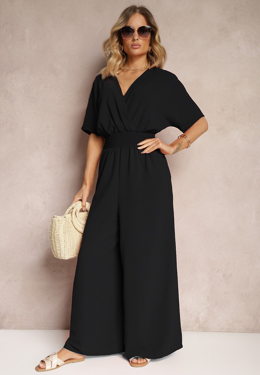 Czarny Taliowany Kombinezon z Zakładkowym Dekoltem i Gumką w Pasie Vimalynna