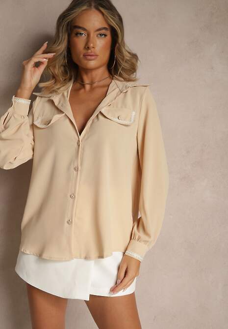 Beżowa Koszula Zdobiona Biżuteryjnymi Guzikami i Tasiemkami Tosur