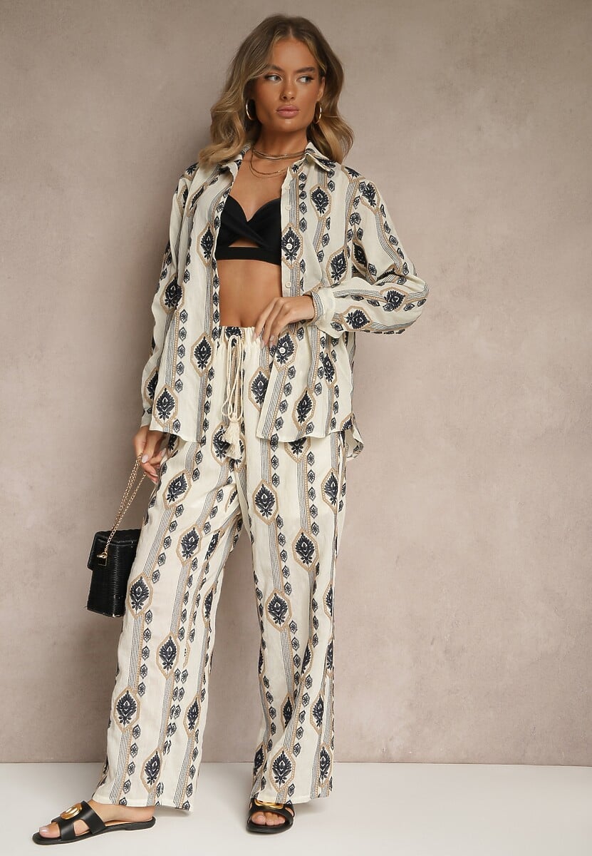 Beżowy Bawełniany Komplet z Haftowanymi Zdobieniami Koszula i Spodnie Nalavina