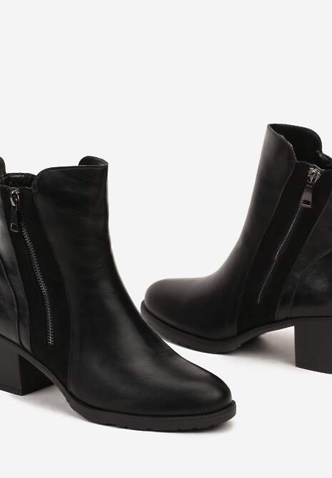 Czarne Botki na Słupku Ozdobione z Boku Suwakiem Hanithia