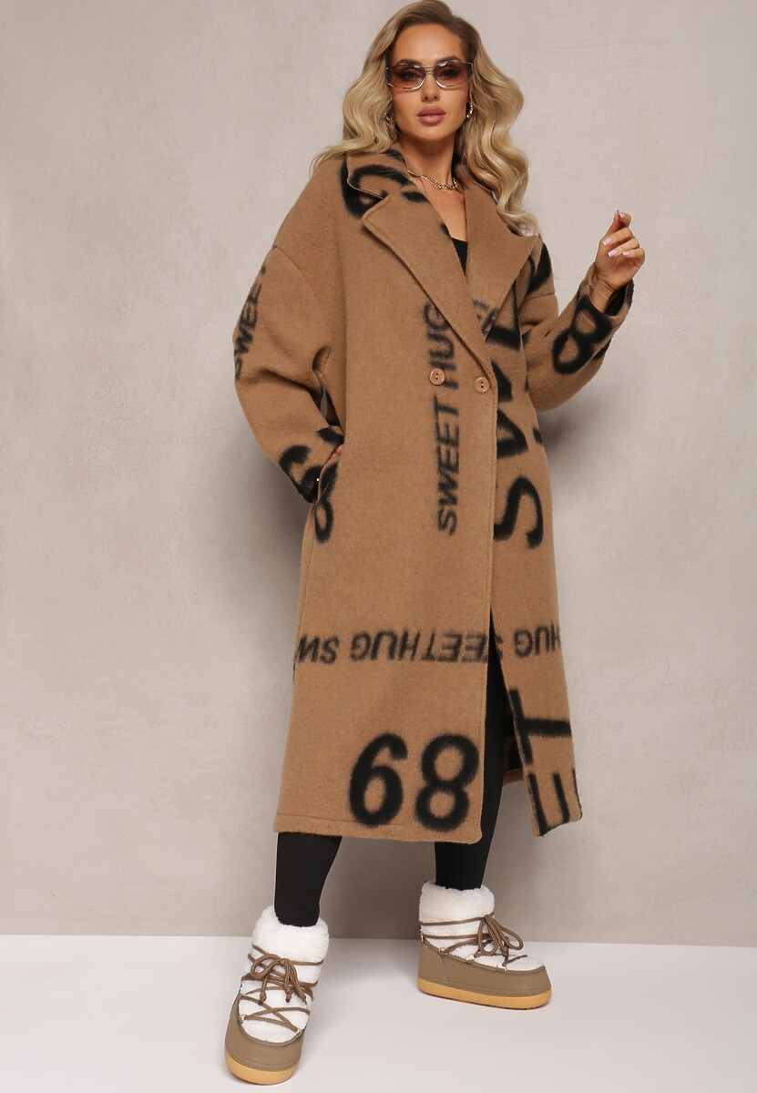 Ciemnobeżowy Luźny Płaszcz Wełniany w Ozdobny Nadruk Misganna