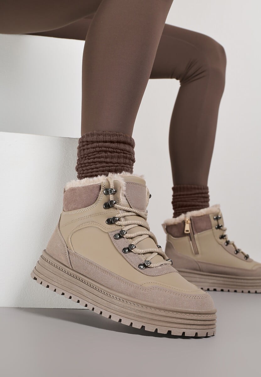 Ciemnobeżowe Sneakersy w Stylu Traperów na Platformie Ewedora