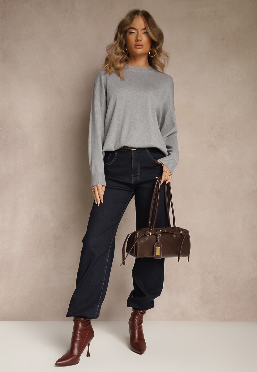 Szary Nietoperzowy Sweter w Minimalistycznym Stylu Raliava