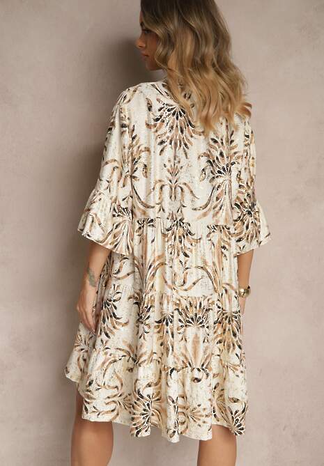 Brązowa Sukienka z Lnem o Rozkloszowanym Kroju Zdobiona Metalicznym Nadrukiem Filinwena