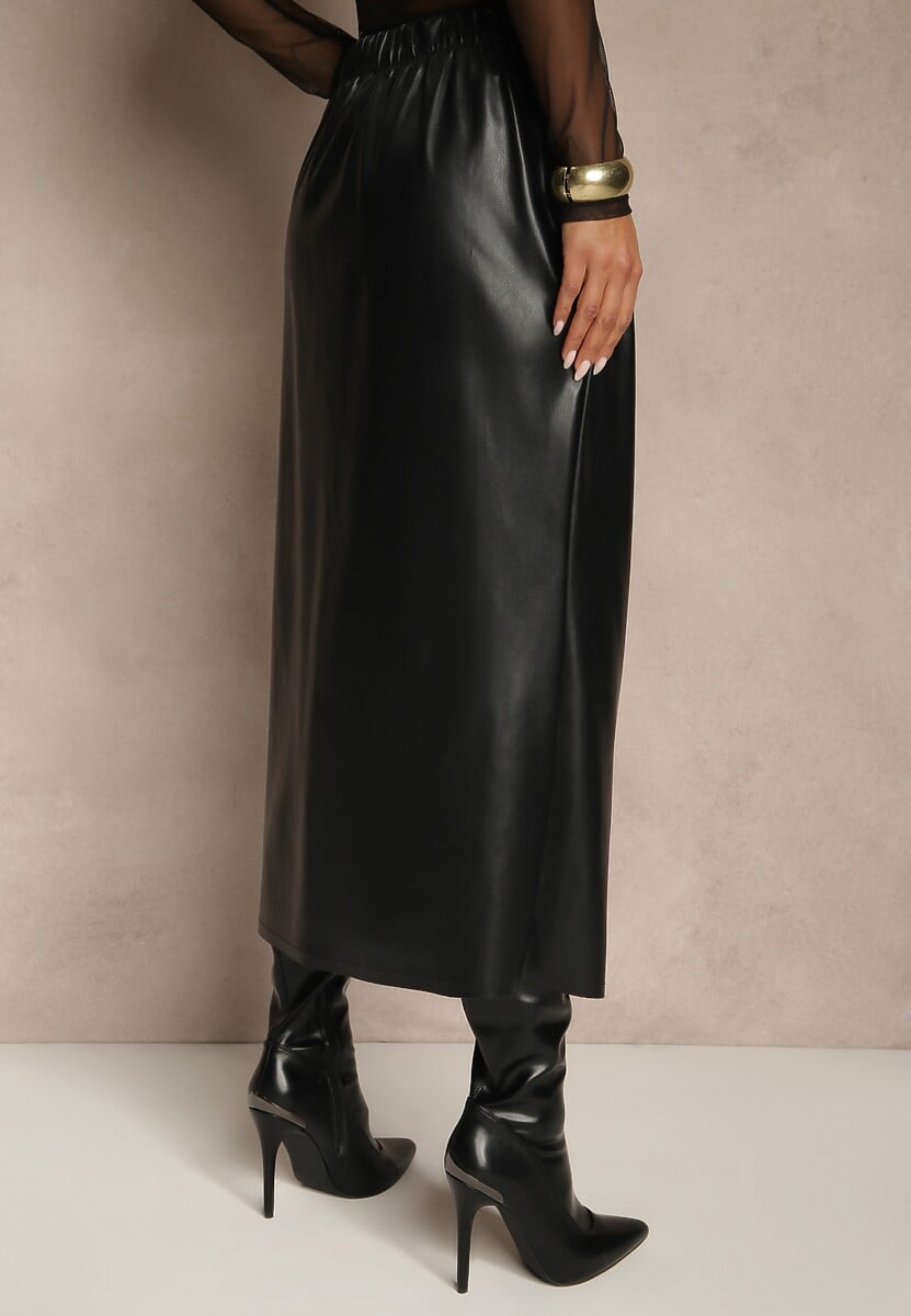Czarna Marszczona Spódnica z Imitacji Skóry o Kopertowym Kroju z Wiązaniem Seoselle