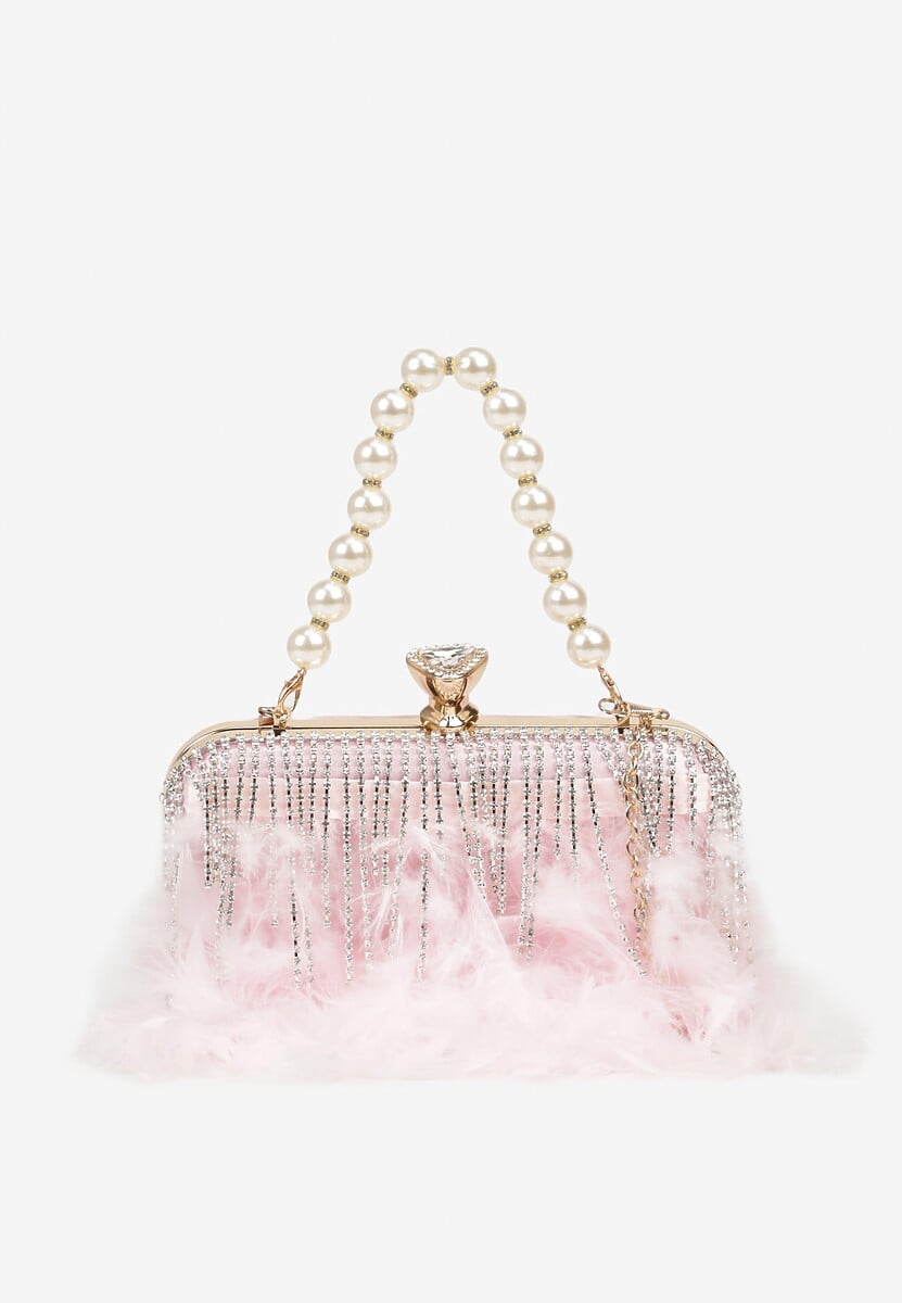 Srebrna Torebka Kopertówka Vices z Łańcuszkiem Zdobiona Piórami i Perłami Fessoria