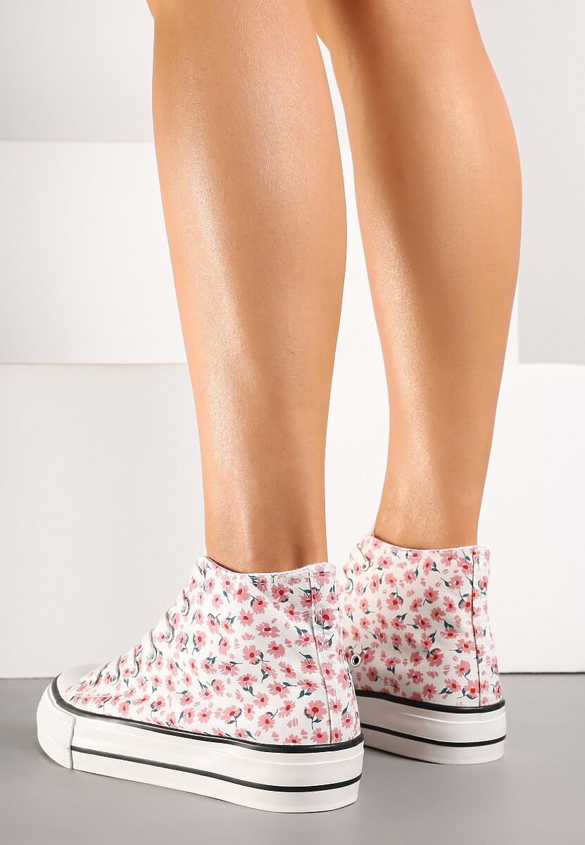 Różowe Trampki z Wysoką Cholewką Zdobione Kwiatowym Printem Folellia