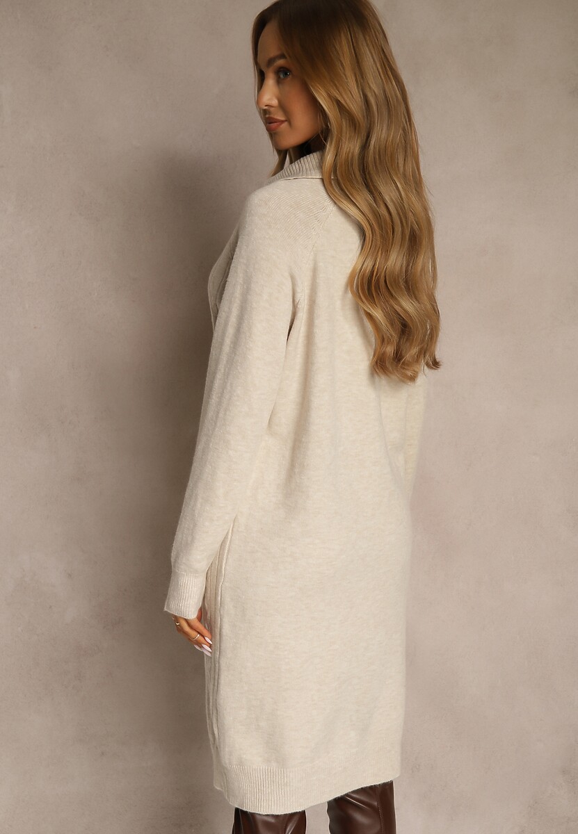 Jasnobeżowa Sweterkowa Sukienka z Bawełną i Wełną Ozdobiona Suwakiem Reinda