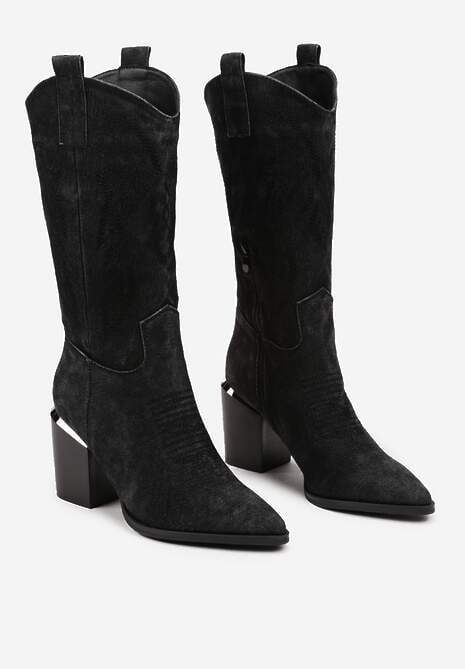 Czarne Botki na Słupku w Stylu Kowbojek Ozdobione Haftem Laorina