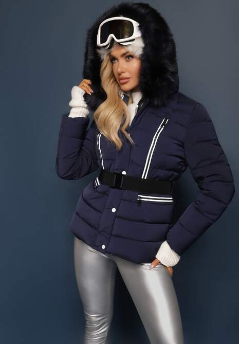 Granatowa Pikowana Kurtka z Paskiem i Kapturem z Futerkiem Biomere