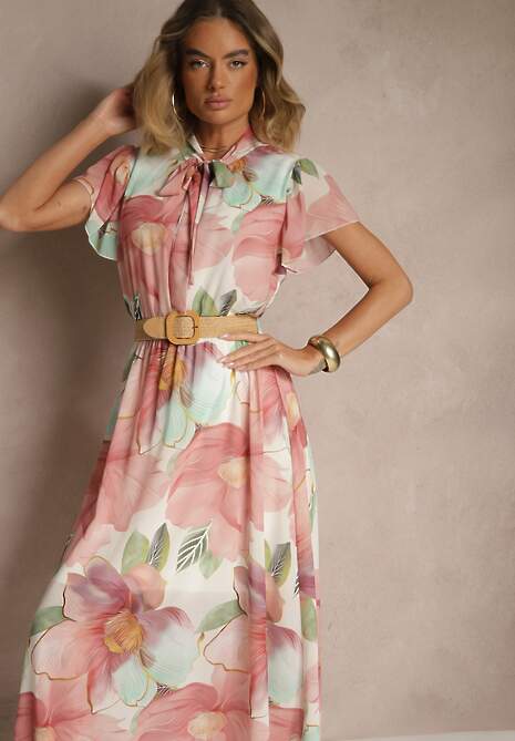 Różowa Rozkloszowana Sukienka Zdobiona Wiązaniem i Paskiem z Klamrą Sorisse