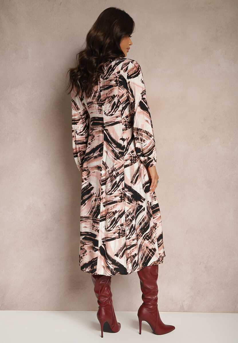 Jasnoróżowa Wzorzysta Sukienka z Wiskozą o Rozkloszowanym Kroju z Dodatkowym Paskiem Mirilie