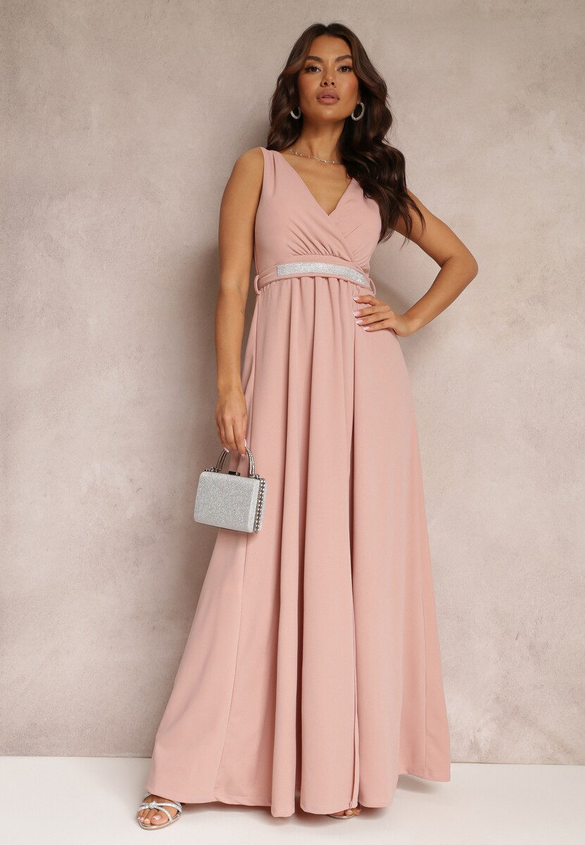 Różowa Rozkloszowana Sukienka z Wycięciem i Paskiem w Cyrkonie Elineta