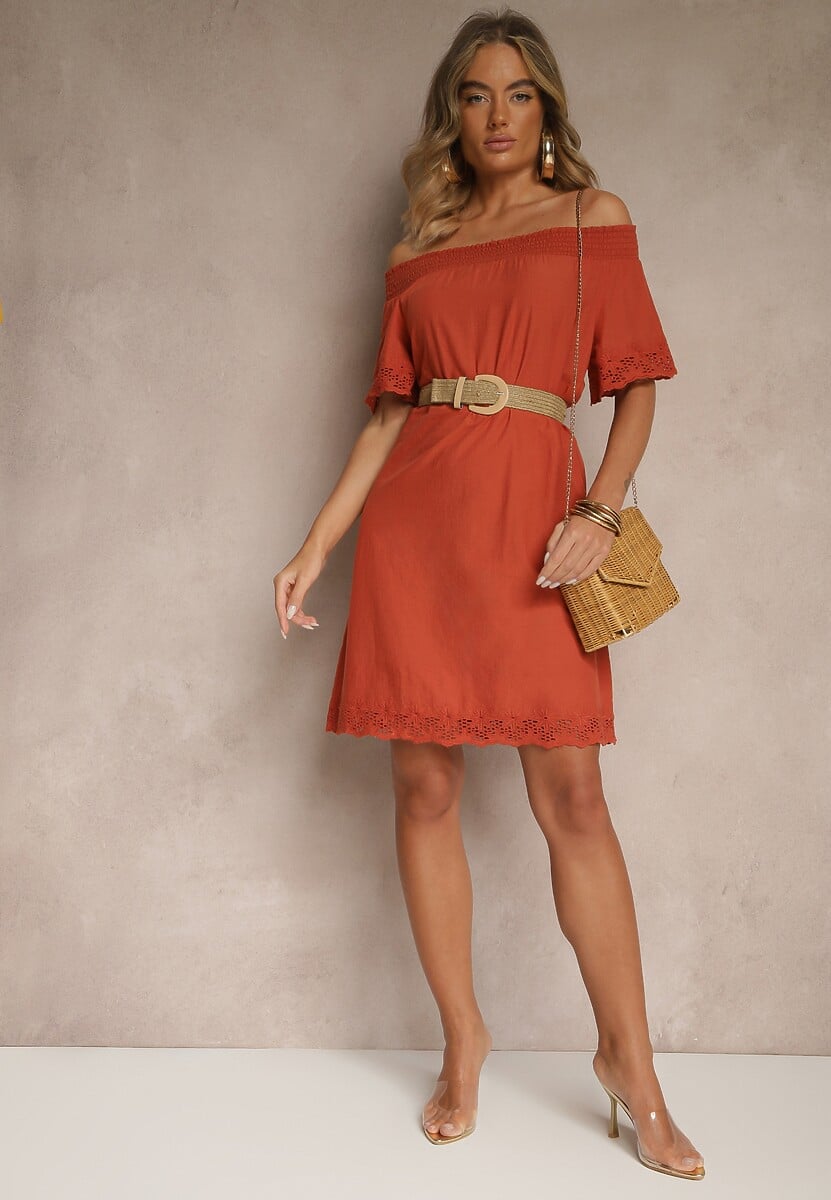 Pomarańczowa Sukienka o Kroju Hiszpanki z Bawełny z Ażurowymi Zdobieniami Filviana